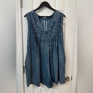 Sleeveless Denim Romper with Pleated Front